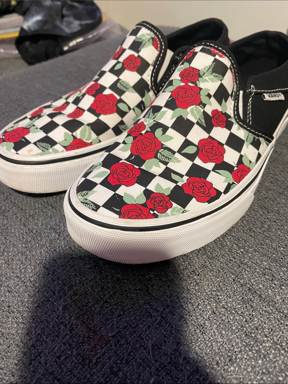 Vans Kids Checkerboard Slip-On Sneakers with Red Rose Print
